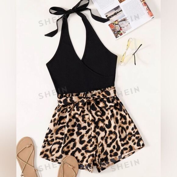 🔴SHEIN Cheetah Print& Black S:M Shorts romper stretch hugs the right curves EUC - Picture 1 of 5